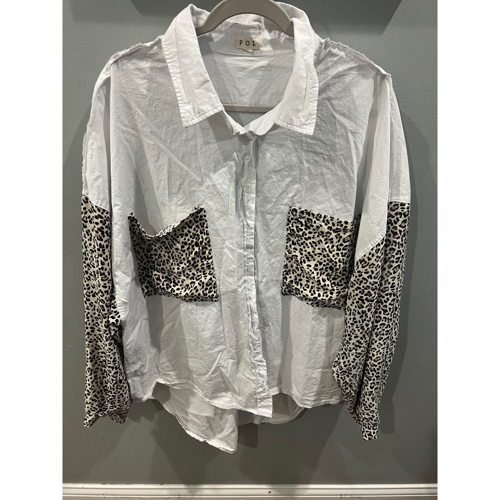 POL Cheetah Print Long Sleeve Button Down Shirt White Pockets Oversized Size L